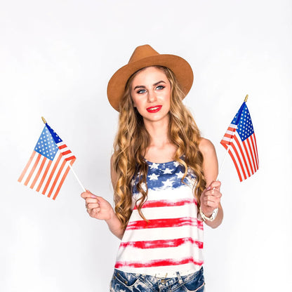 JOYIN Patriotic 11" x 8" Fabric USA Flags with Wooden Poles - 12 Pack