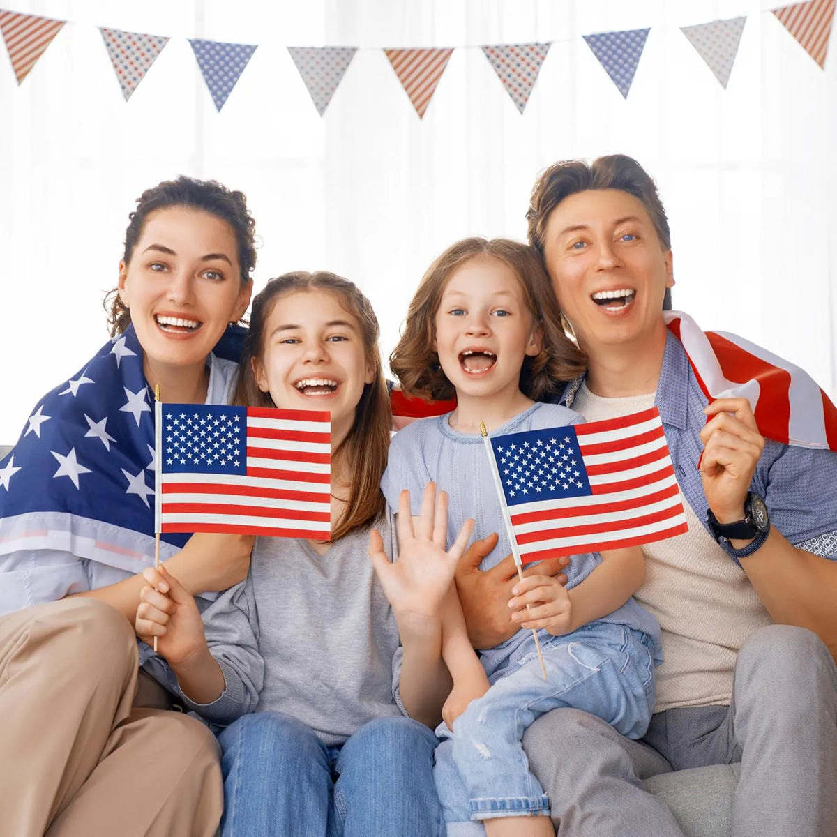 JOYIN Patriotic 11" x 8" Fabric USA Flags with Wooden Poles - 12 Pack