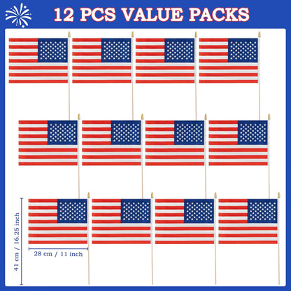 JOYIN Patriotic 11" x 8" Fabric USA Flags with Wooden Poles - 12 Pack