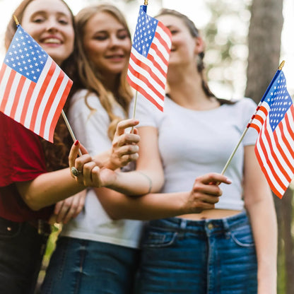 JOYIN Patriotic 11" x 8" Fabric USA Flags with Wooden Poles - 12 Pack