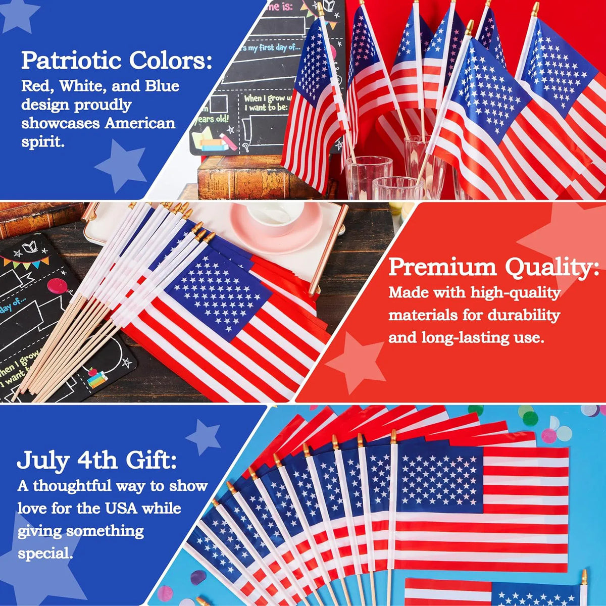 JOYIN Patriotic 11" x 8" Fabric USA Flags with Wooden Poles - 12 Pack