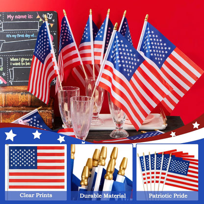 JOYIN Patriotic 11" x 8" Fabric USA Flags with Wooden Poles - 12 Pack