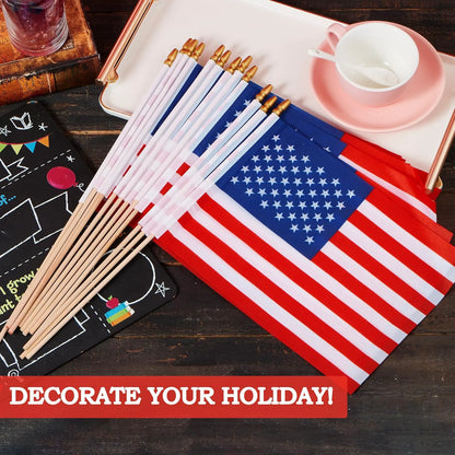 JOYIN Patriotic 11" x 8" Fabric USA Flags with Wooden Poles - 12 Pack