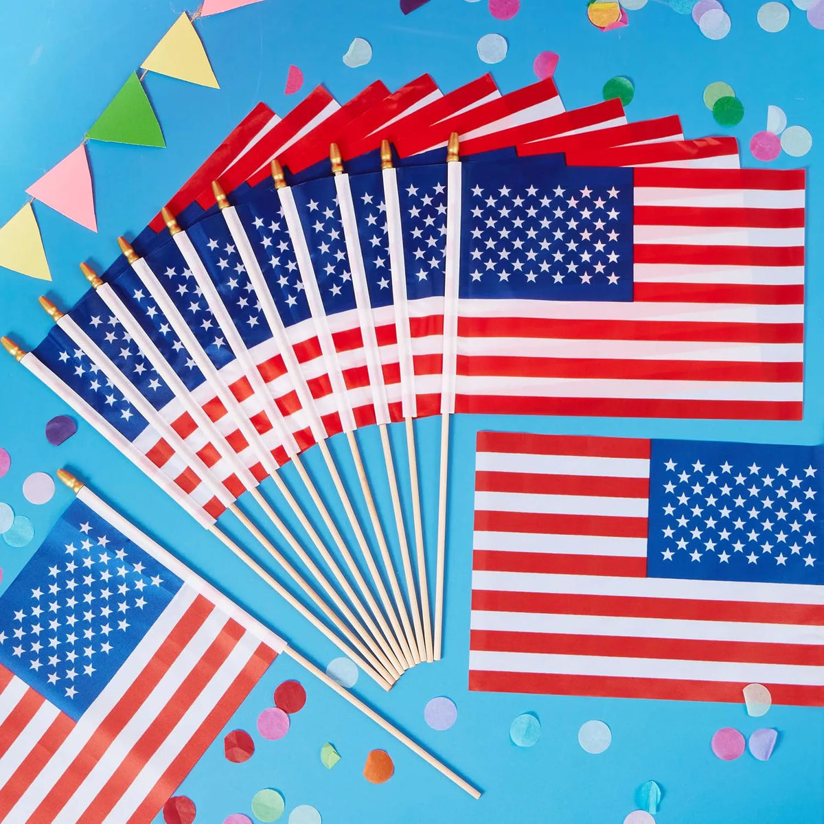 JOYIN Patriotic 11" x 8" Fabric USA Flags with Wooden Poles - 12 Pack