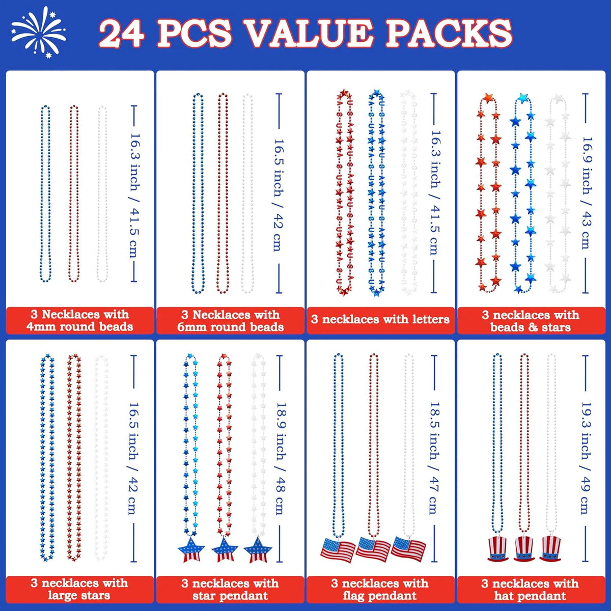 JOYIN Patriotic July 4th Beaded Necklaces with Holiday Pendants (24 Pack)