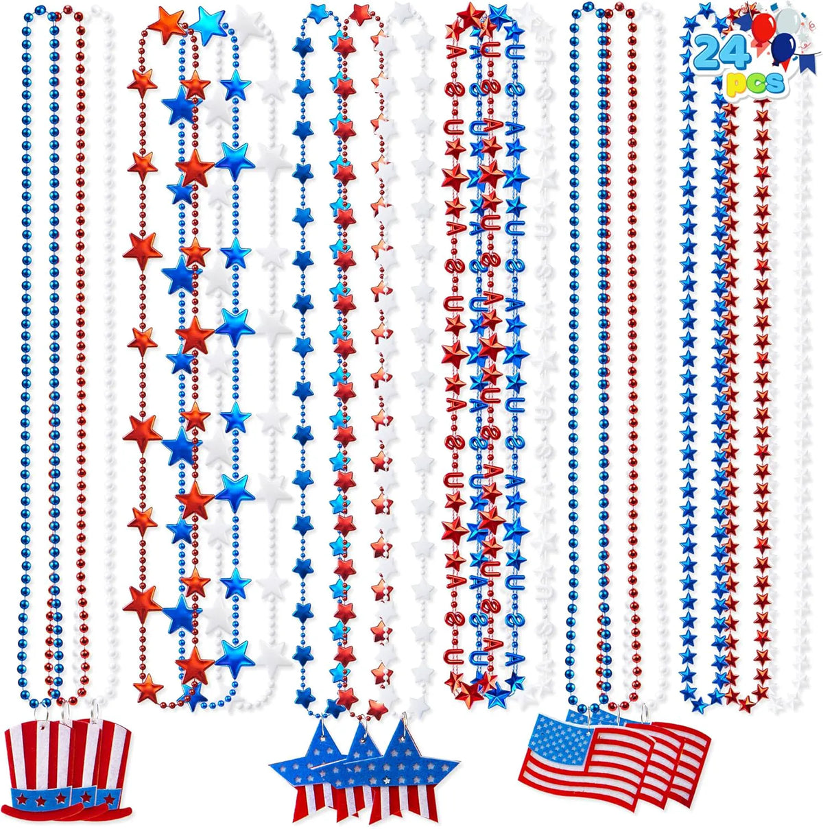 JOYIN Patriotic July 4th Beaded Necklaces with Holiday Pendants (24 Pack)