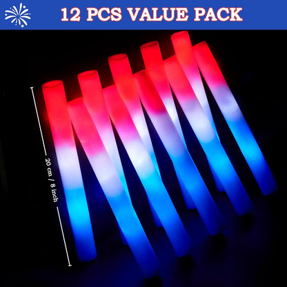 JOYIN Patriotic Red, White & Blue LED Foam Sticks with 3 Light Modes - 12 Pack