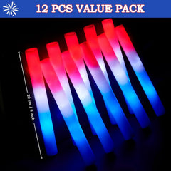 JOYIN Patriotic Red, White & Blue LED Foam Sticks with 3 Light Modes - 12 Pack