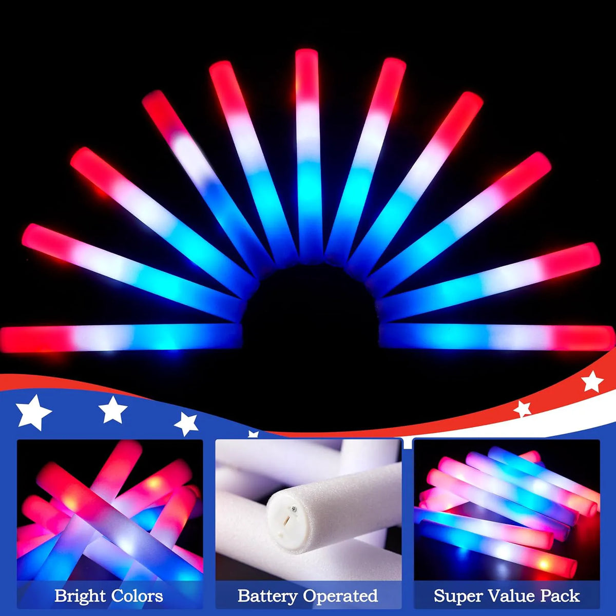 JOYIN Patriotic Red, White & Blue LED Foam Sticks with 3 Light Modes - 12 Pack