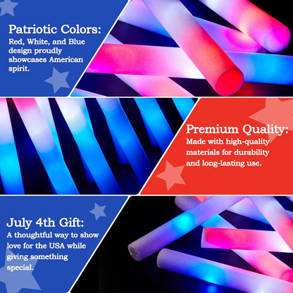 JOYIN Patriotic Red, White & Blue LED Foam Sticks with 3 Light Modes - 12 Pack