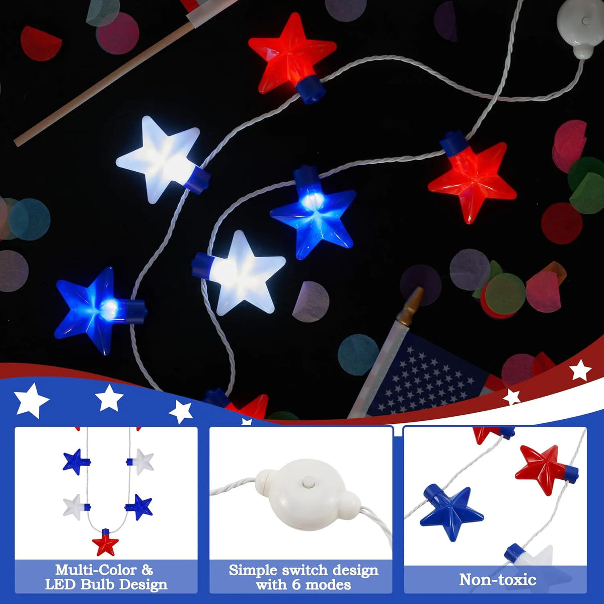 JOYIN Patriotic Red, White & Blue Light-Up Star Necklaces (6 Pack)