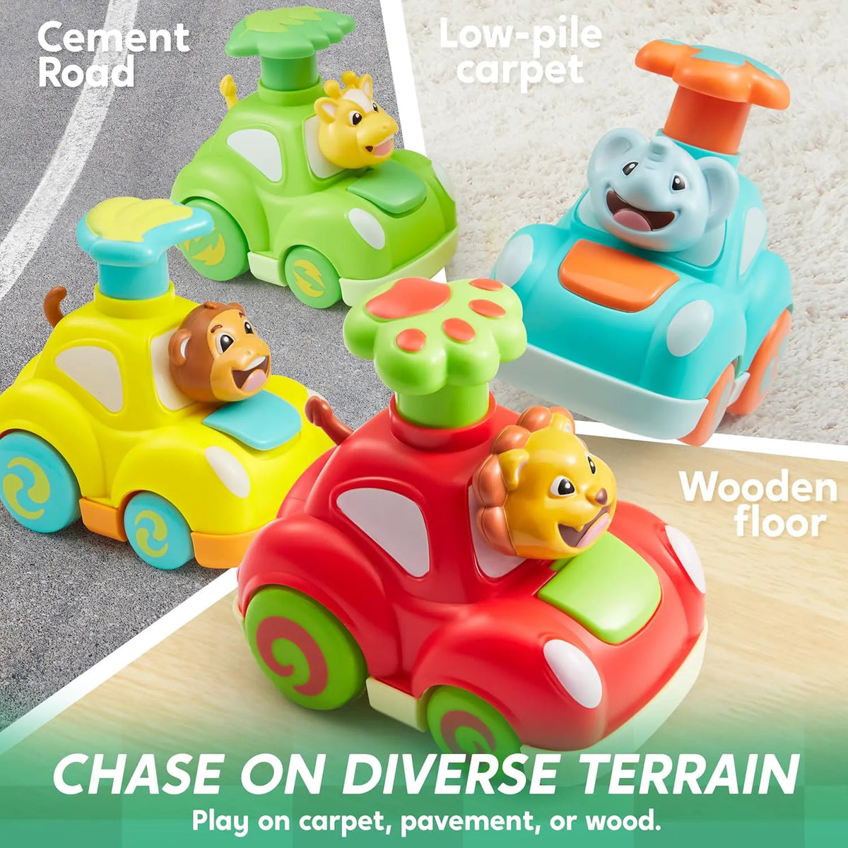 JOYIN Press & Go Inertial Animal Cars - 4-Pack Toddler Toys