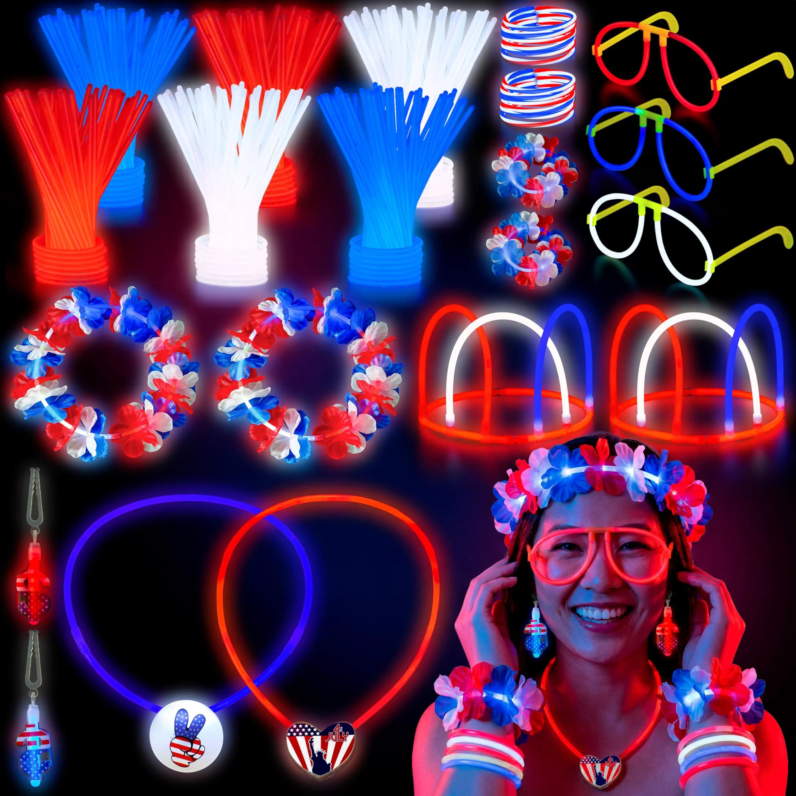 JOYIN Red, White & Blue 4th of July Glow Sticks & Accessories Pack