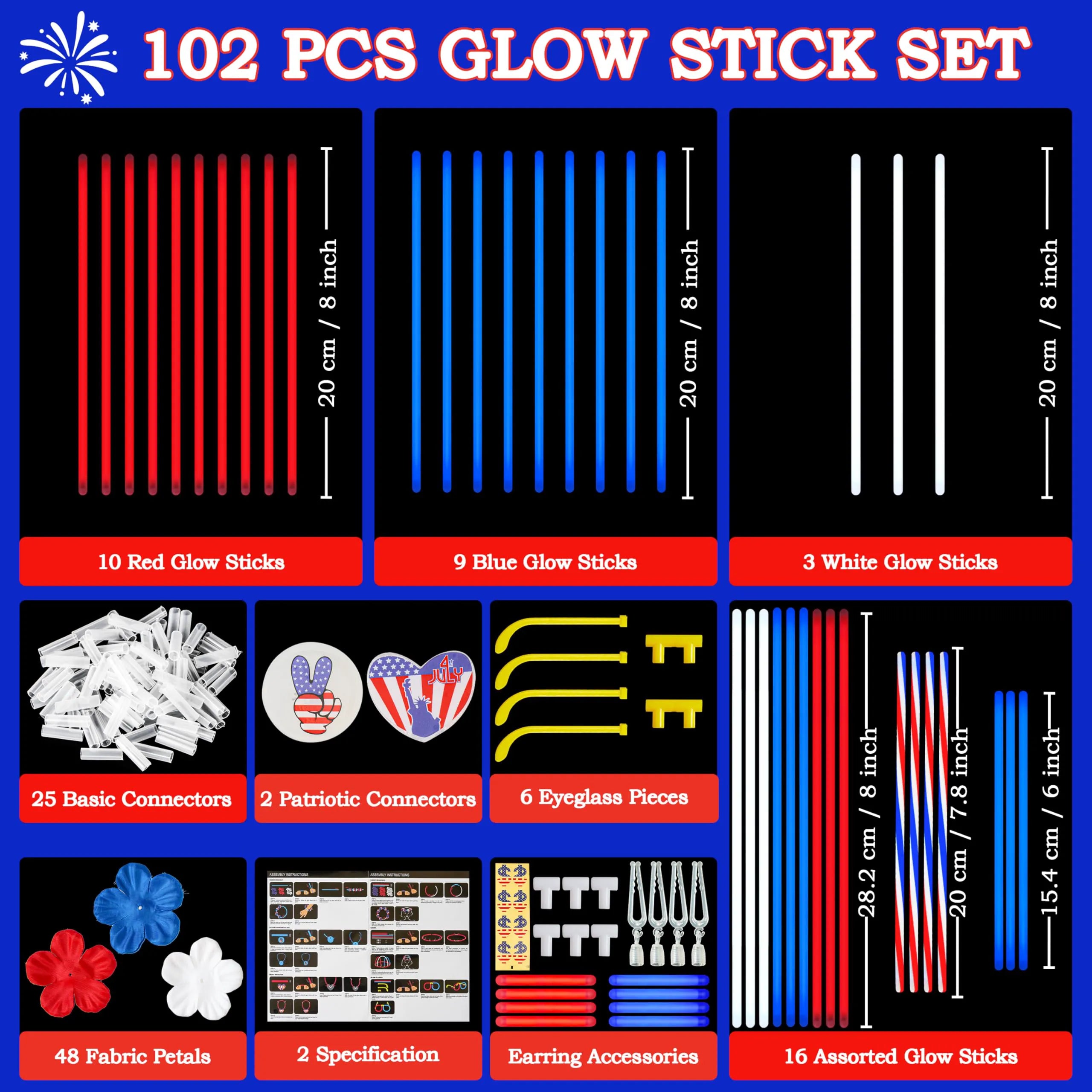 JOYIN Red, White & Blue 4th of July Glow Sticks & Accessories Pack