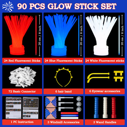 JOYIN Red, White & Blue Patriotic Glow Sticks & Accessories Pack - 90 Pcs