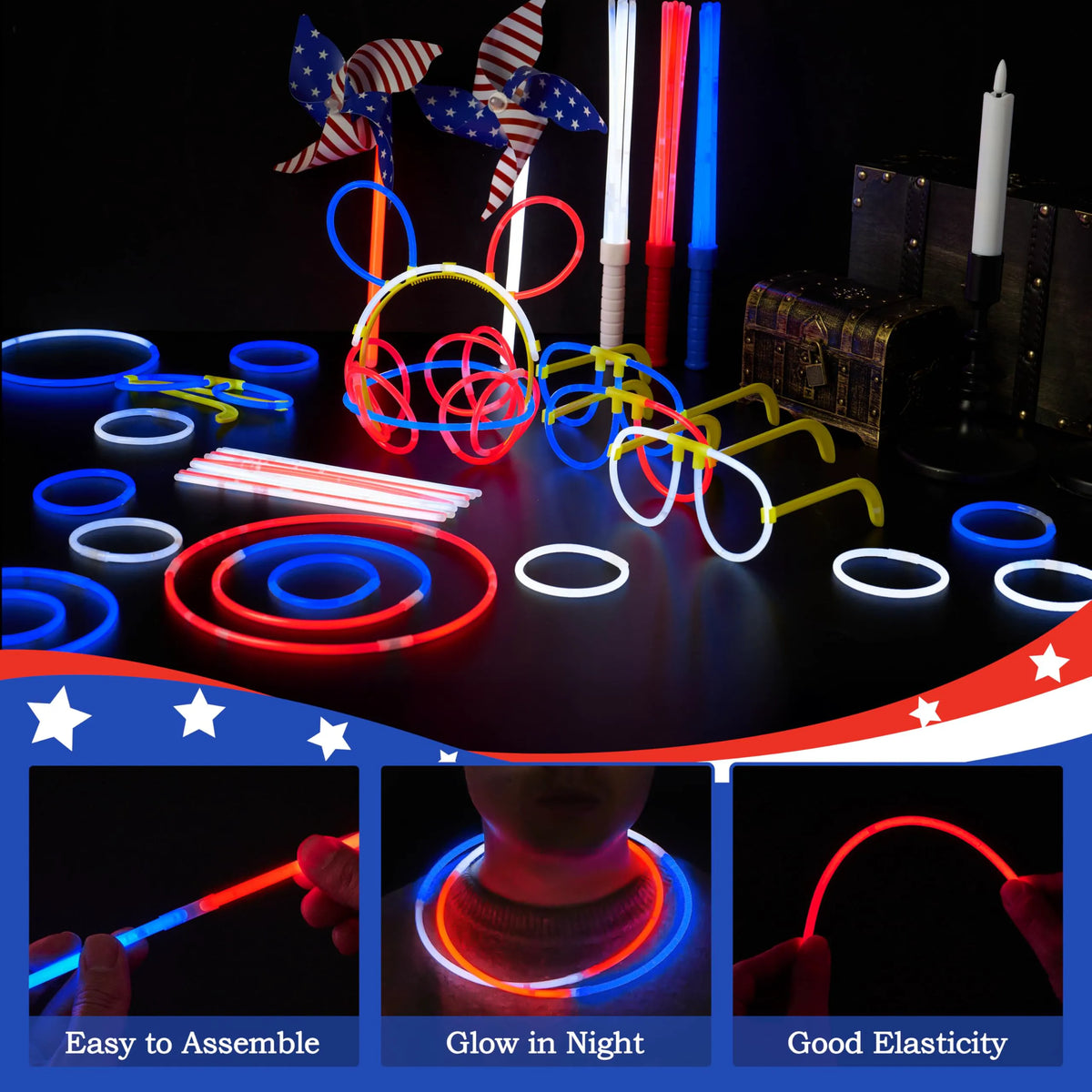 JOYIN Red, White & Blue Patriotic Glow Sticks & Accessories Pack - 90 Pcs