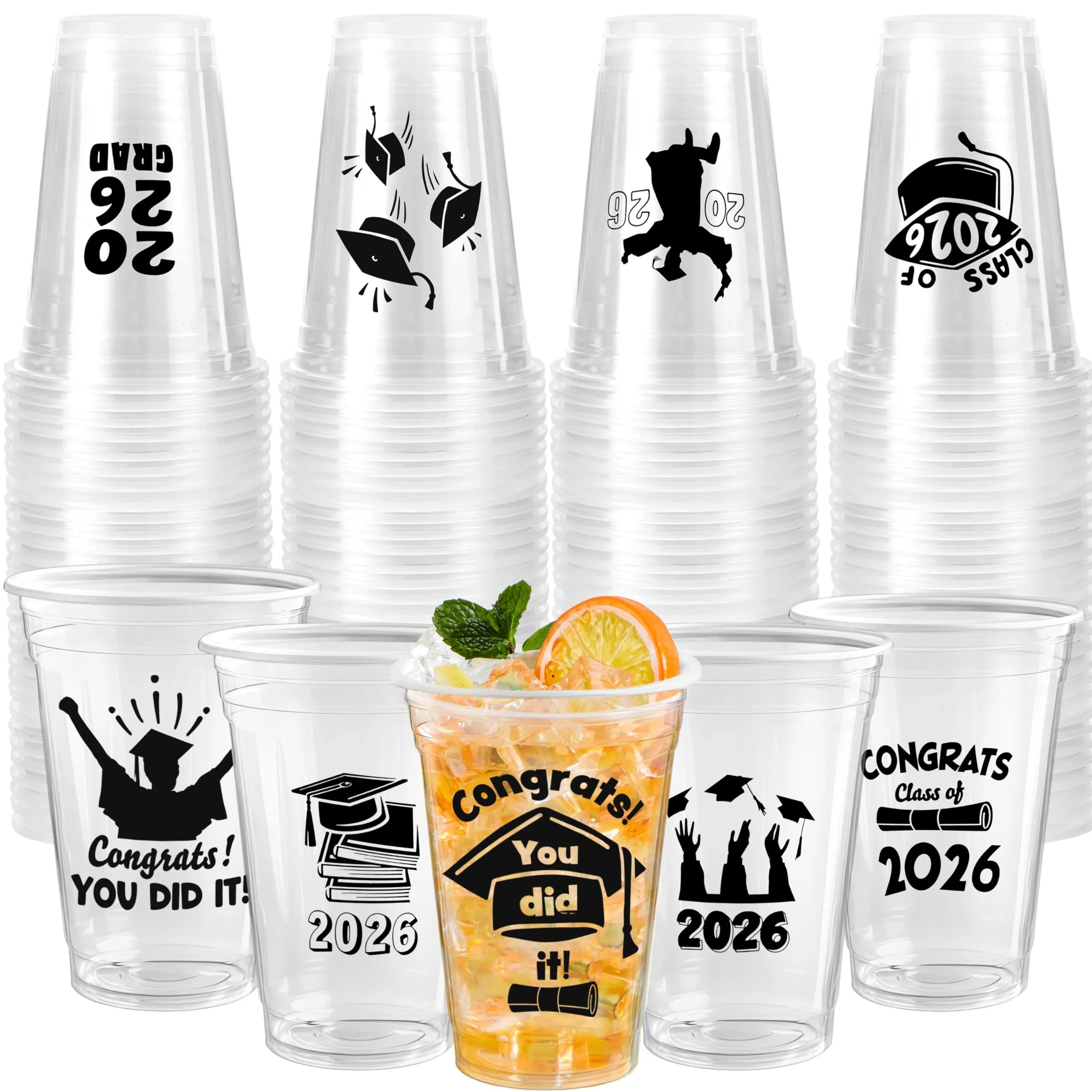 24 Pack 2026 Graduation Plastic Cups - Black 16oz Disposable Party Decorations