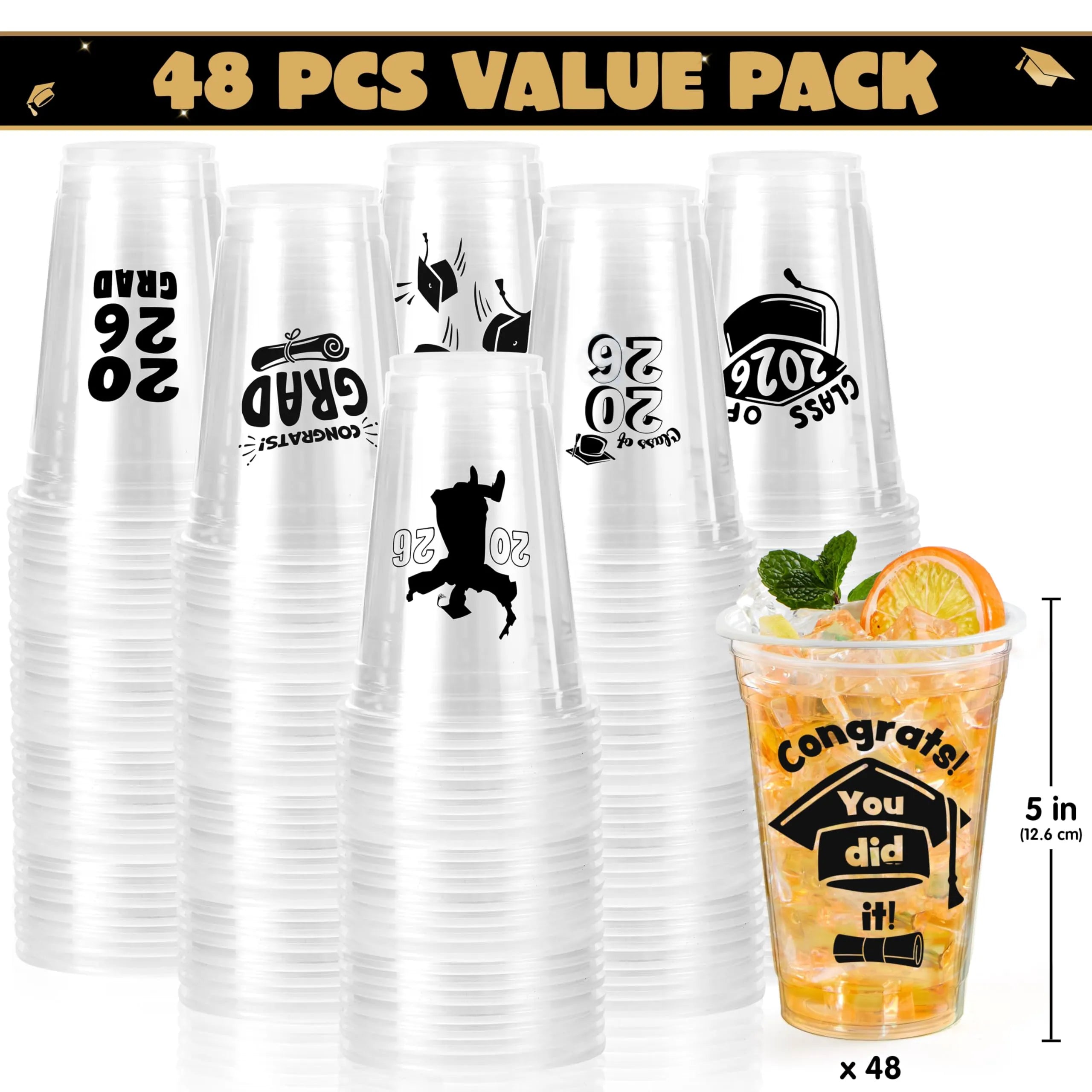 24 Pack 2026 Graduation Plastic Cups - Black 16oz Disposable Party Decorations