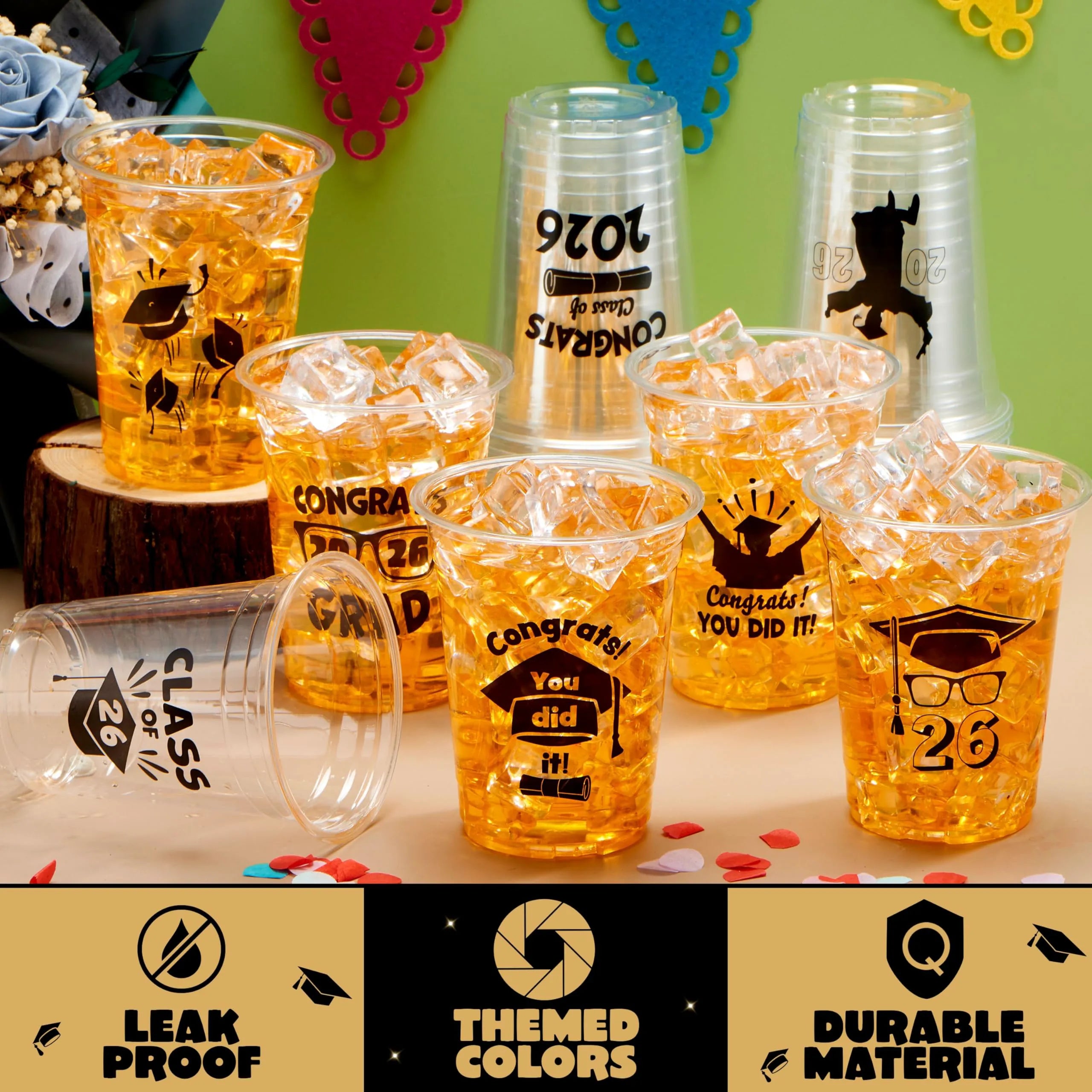 24 Pack 2026 Graduation Plastic Cups - Black 16oz Disposable Party Decorations