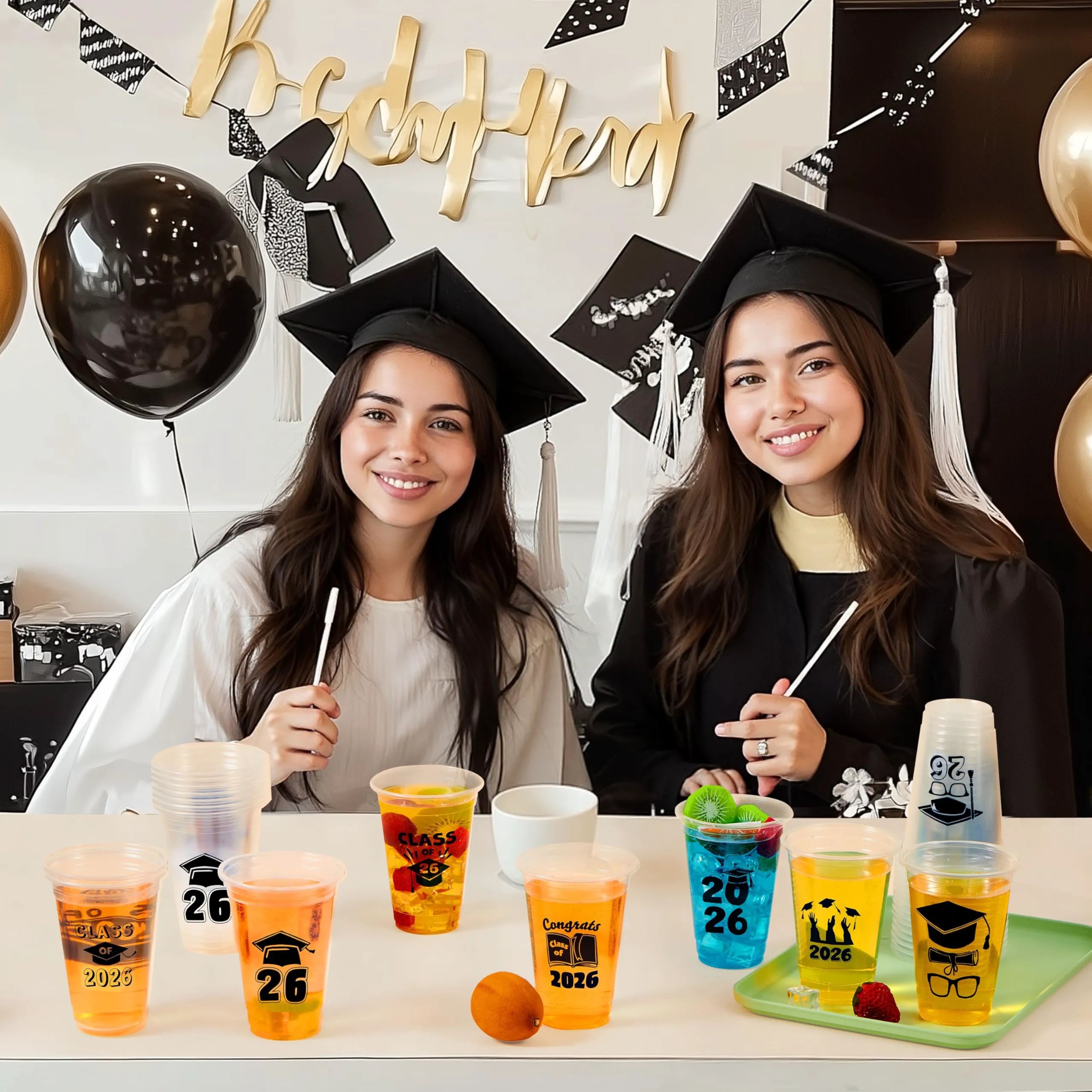 24 Pack 2026 Graduation Plastic Cups - Black 16oz Disposable Party Decorations