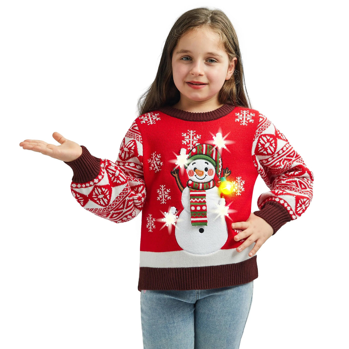 Kids Girls Red Snowman Ugly Christmas Sweater with Lights