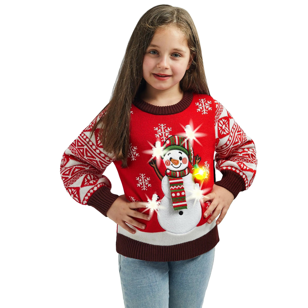 Kids Girls Red Snowman Ugly Christmas Sweater with Lights
