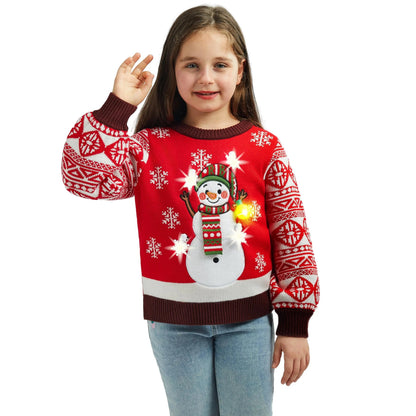 Kids Girls Red Snowman Ugly Christmas Sweater with Lights
