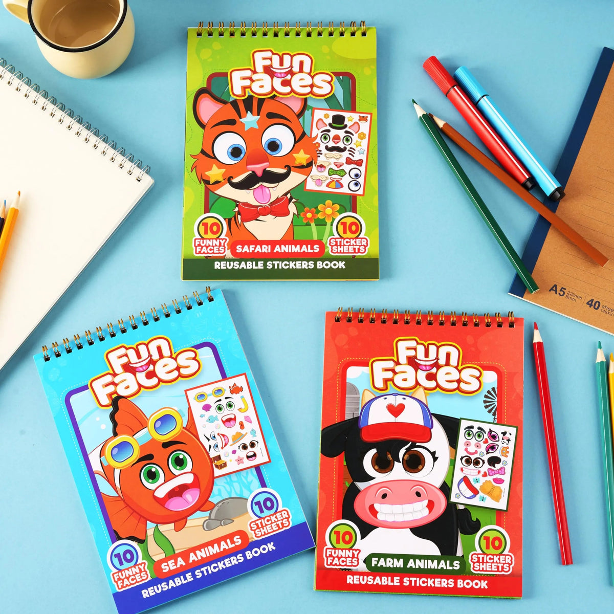 Make-a-Face Reusable Sticker Books 3-Pack: Safari, Farm & Sea Animals