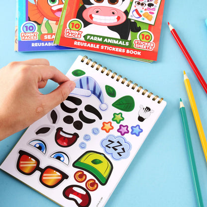 Make-a-Face Reusable Sticker Books 3-Pack: Safari, Farm & Sea Animals