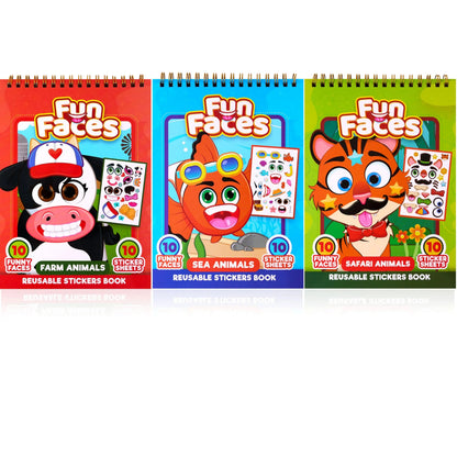 Make-a-Face Reusable Sticker Books 3-Pack: Safari, Farm & Sea Animals
