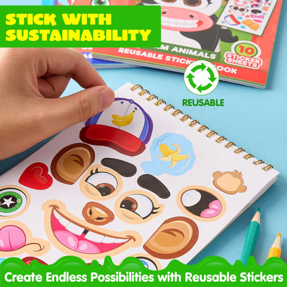 Make-a-Face Reusable Sticker Books 3-Pack: Safari, Farm & Sea Animals