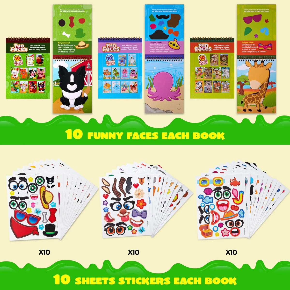 Make-a-Face Reusable Sticker Books 3-Pack: Safari, Farm & Sea Animals