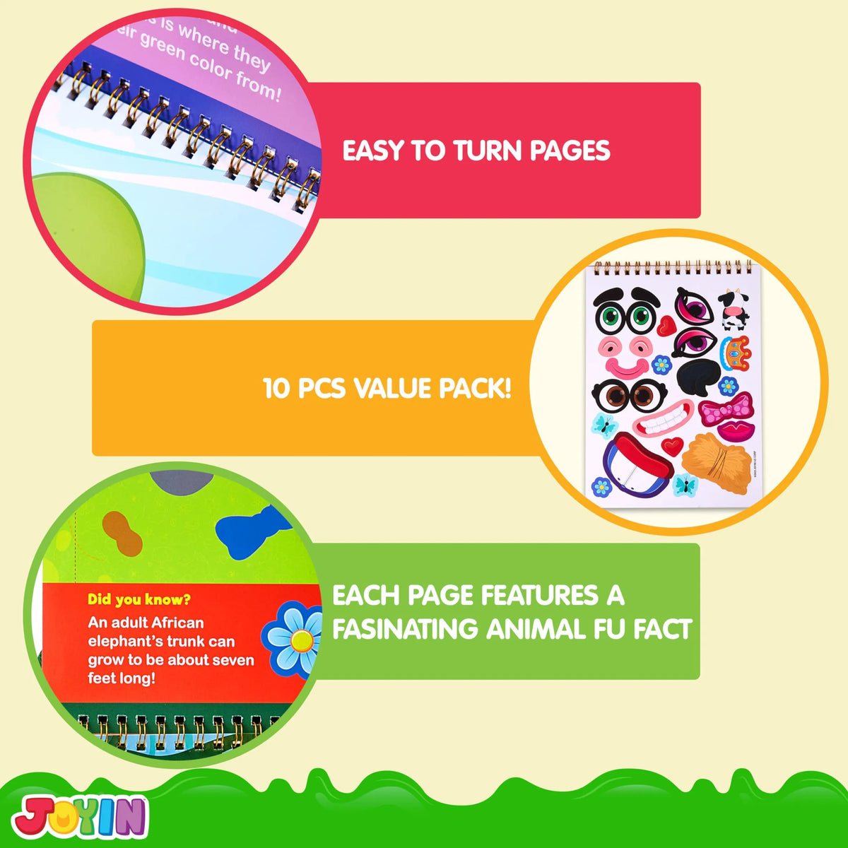 Make-a-Face Reusable Sticker Books 3-Pack: Safari, Farm & Sea Animals