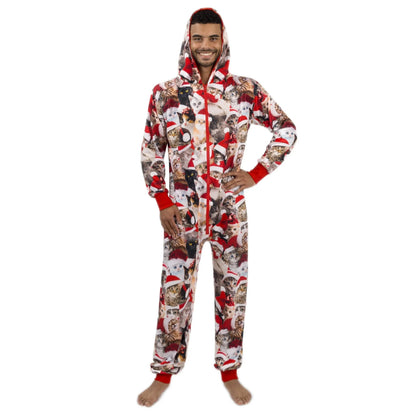 Men's Cute Cat Print Christmas Hooded Pajamas - Adult Holiday Sleepwear