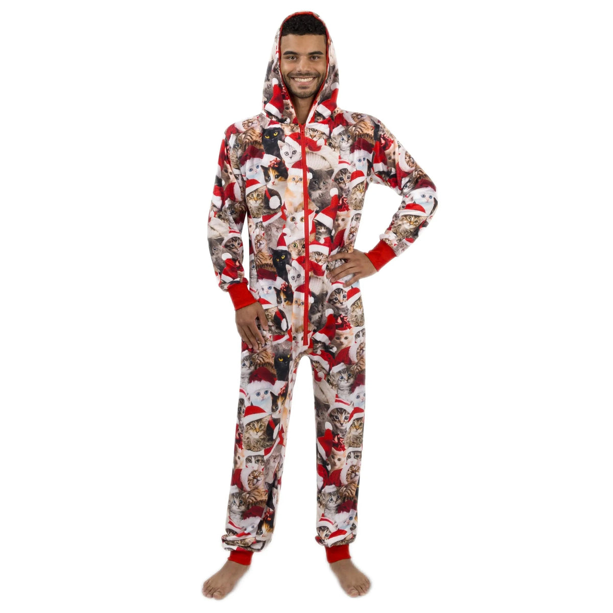 Men's Cute Cat Print Christmas Hooded Pajamas - Adult Holiday Sleepwear
