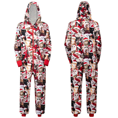 Men's Cute Cat Print Christmas Hooded Pajamas - Adult Holiday Sleepwear
