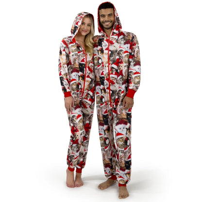 Men's Cute Cat Print Christmas Hooded Pajamas - Adult Holiday Sleepwear