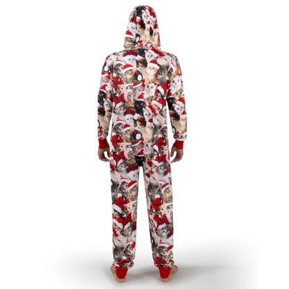 Men's Cute Cat Print Christmas Hooded Pajamas - Adult Holiday Sleepwear