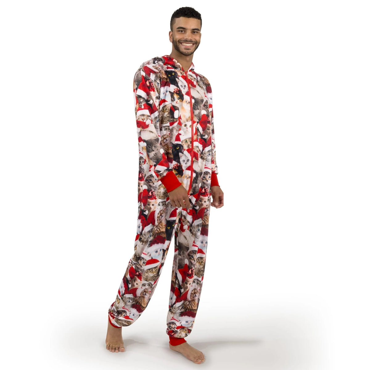 Men's Cute Cat Print Christmas Hooded Pajamas - Adult Holiday Sleepwear