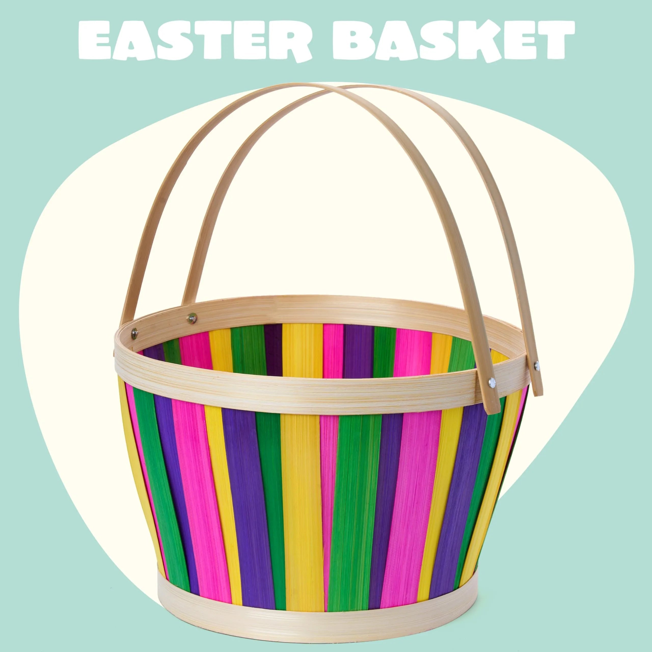 Multicolor Easter Bamboo Basket with Folding Handles