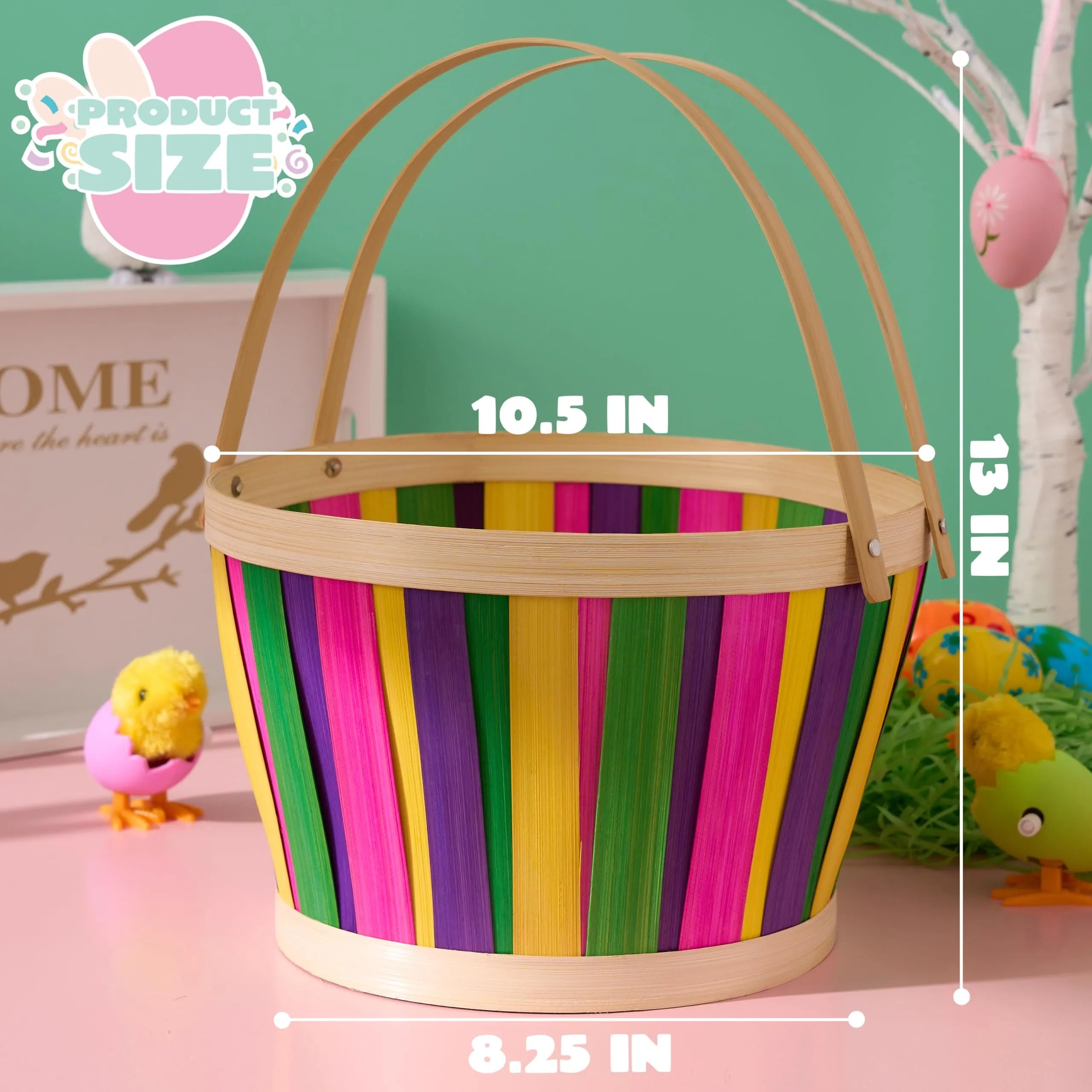 Multicolor Easter Bamboo Basket with Folding Handles