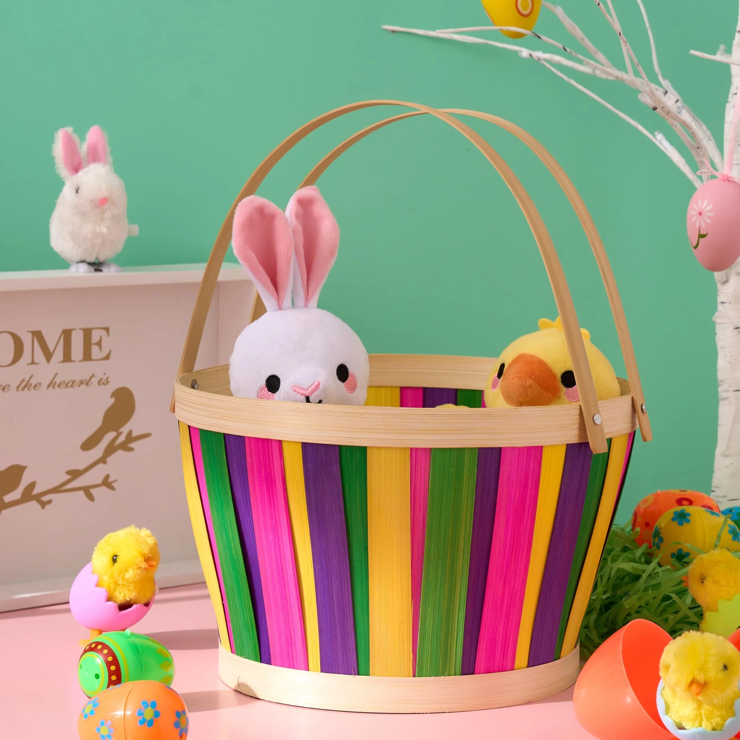 Multicolor Easter Bamboo Basket with Folding Handles