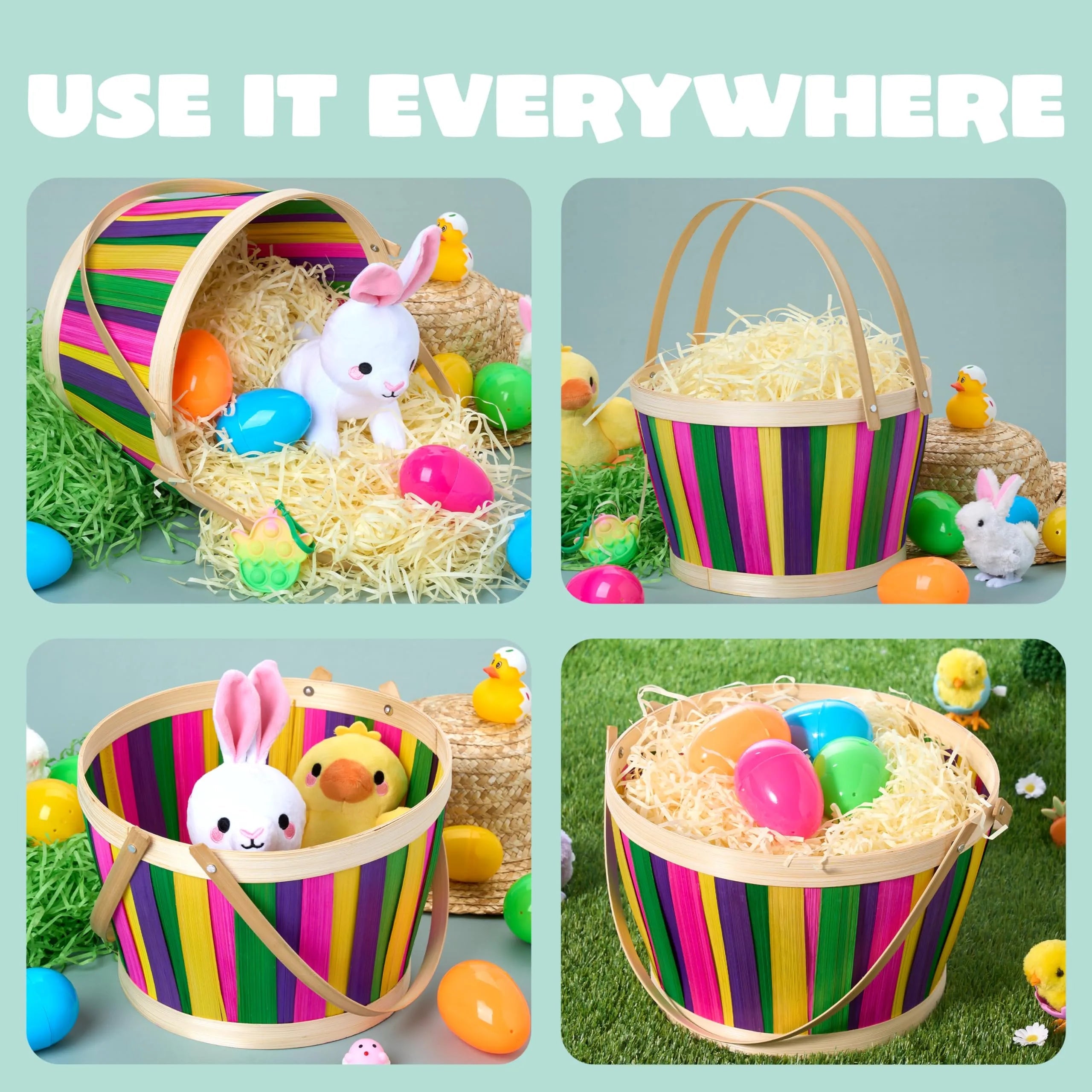 Multicolor Easter Bamboo Basket with Folding Handles