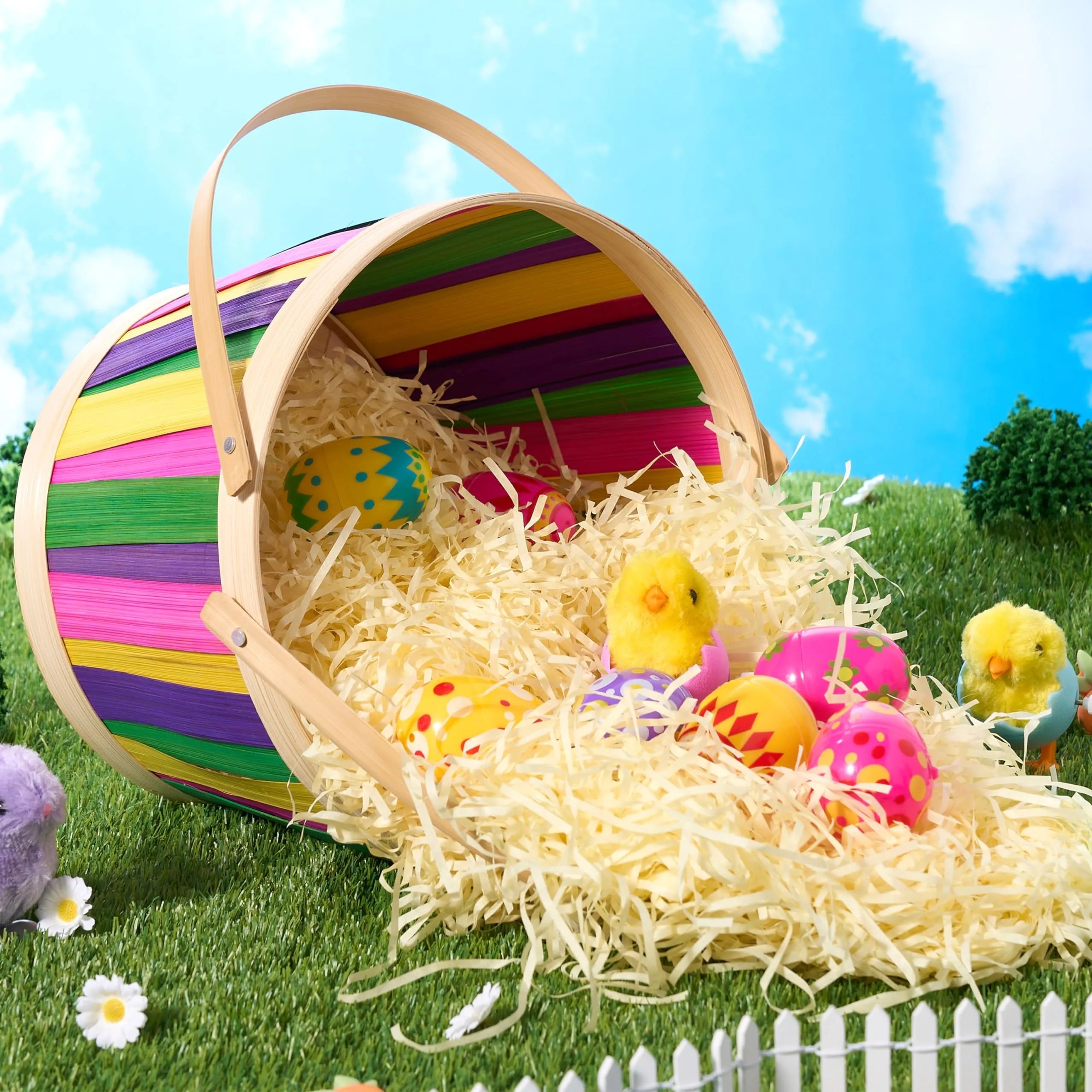 Multicolor Easter Bamboo Basket with Folding Handles