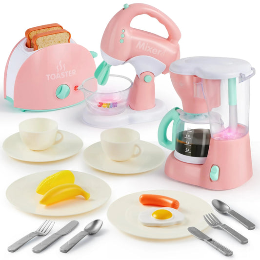 Pink Pretend Play Kitchen Set with Coffee Maker, Mixer, and Toaster