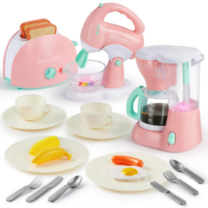Pink Pretend Play Kitchen Set with Coffee Maker, Mixer, and Toaster