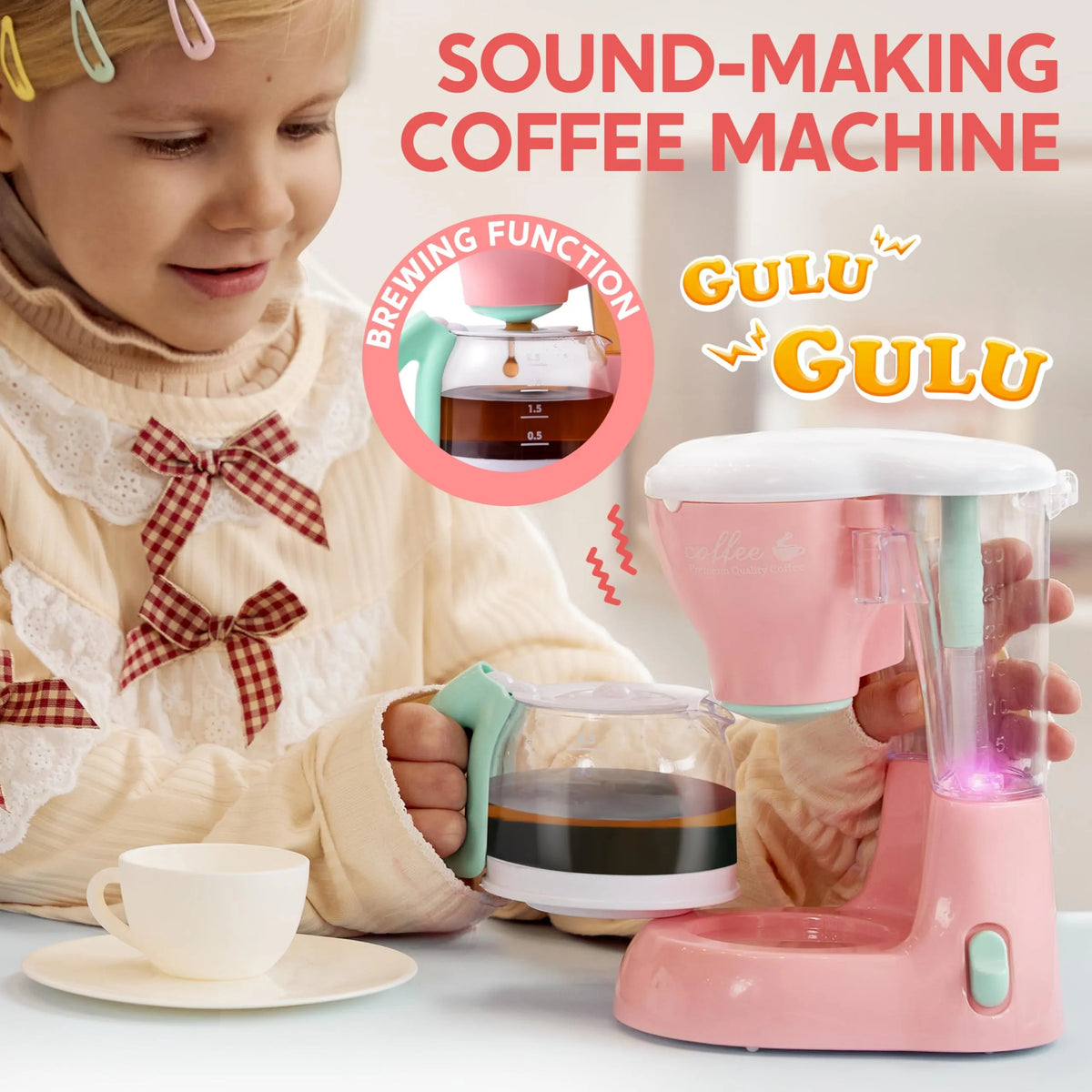 Pink Pretend Play Kitchen Set with Coffee Maker, Mixer, and Toaster