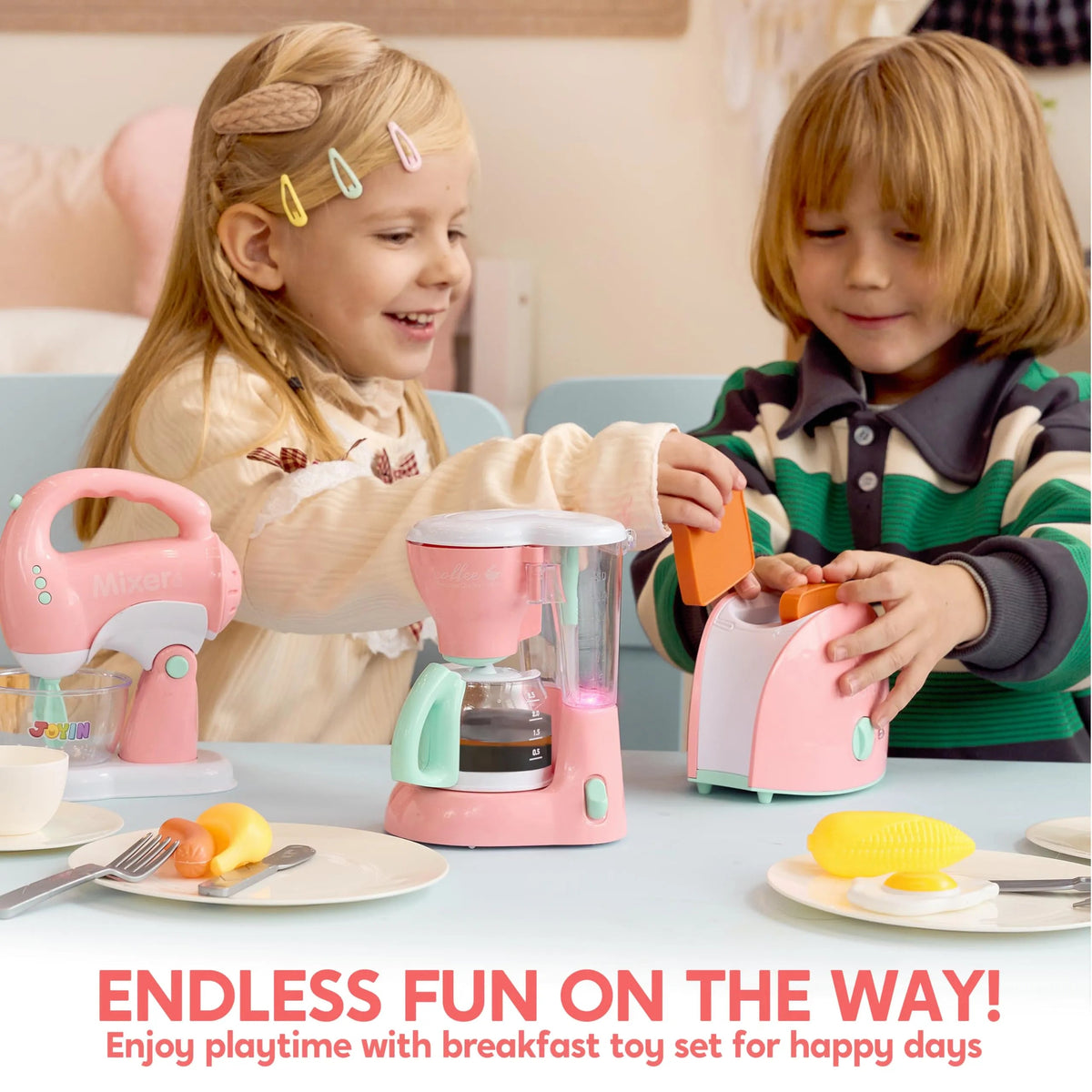 Pink Pretend Play Kitchen Set with Coffee Maker, Mixer, and Toaster