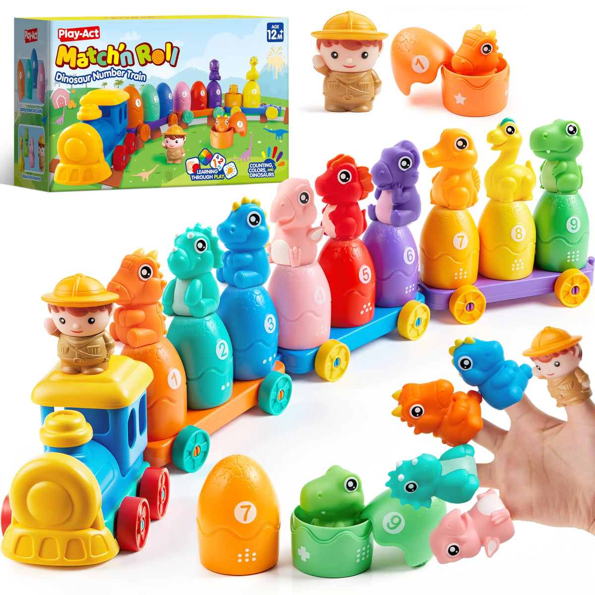 Montessori Dinosaur Number Train Toy - Counting, Matching & Sorting Learning Toy with 9 Dinosaurs for Toddlers 1-3 Years