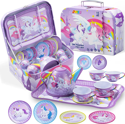 Purple Unicorn Castle Pretend Play Tin Teapot Set